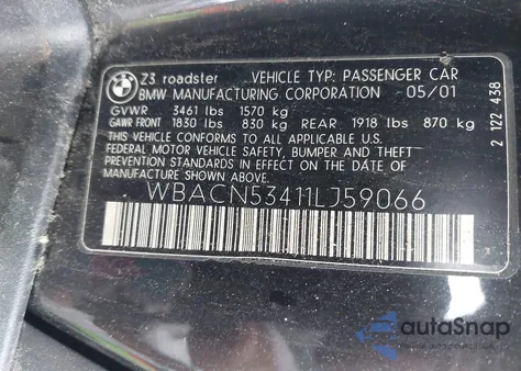 2001 BMW Z3 3.0I from USA, damaged, VIN WBACN53411LJ59066